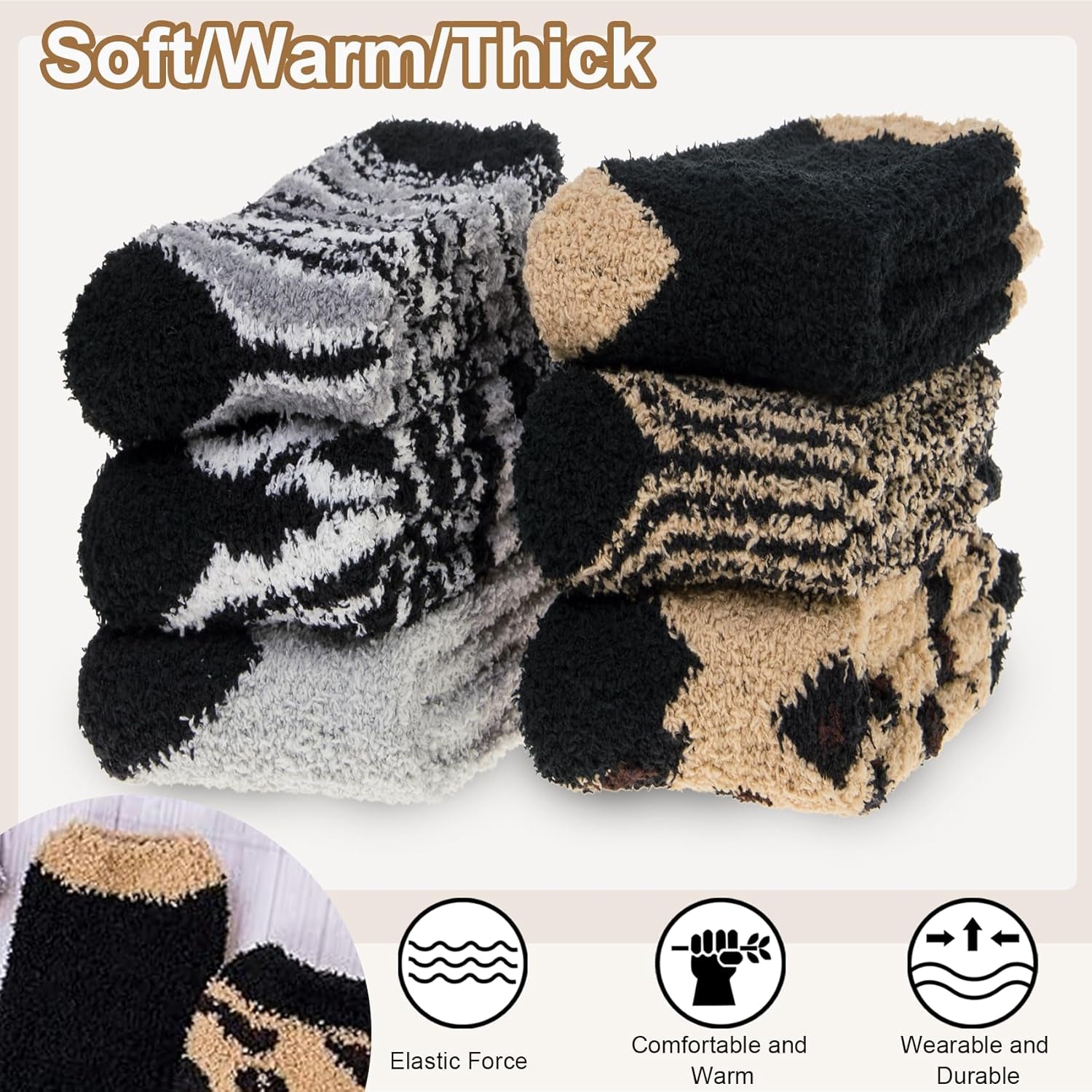 6 Pairs Womens Cozy Soft Fuzzy Fluffy Warm Winter Fleece Sleep Comfy Crew Slipper Socks