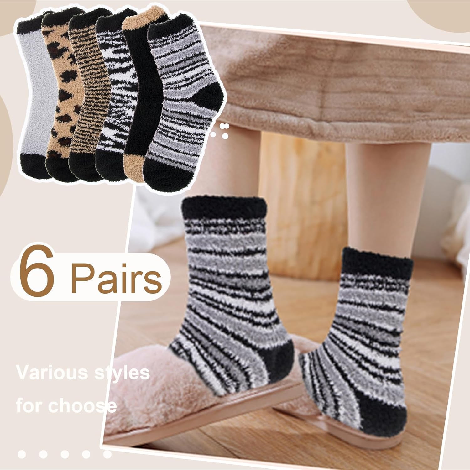 6 Pairs Womens Cozy Soft Fuzzy Fluffy Warm Winter Fleece Sleep Comfy Crew Slipper Socks